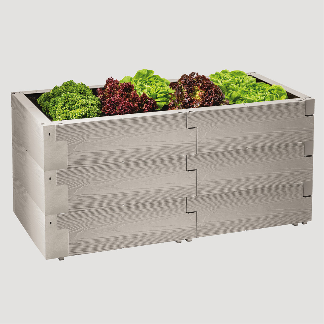 Juwel Hochbeet Timber 3er-Set Nordic Wood, bepflanzt, vor hellgrauem Hintergrund