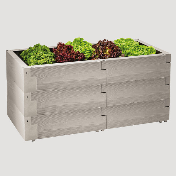 Juwel Hochbeet Timber 3er-Set Nordic Wood, bepflanzt, vor hellgrauem Hintergrund